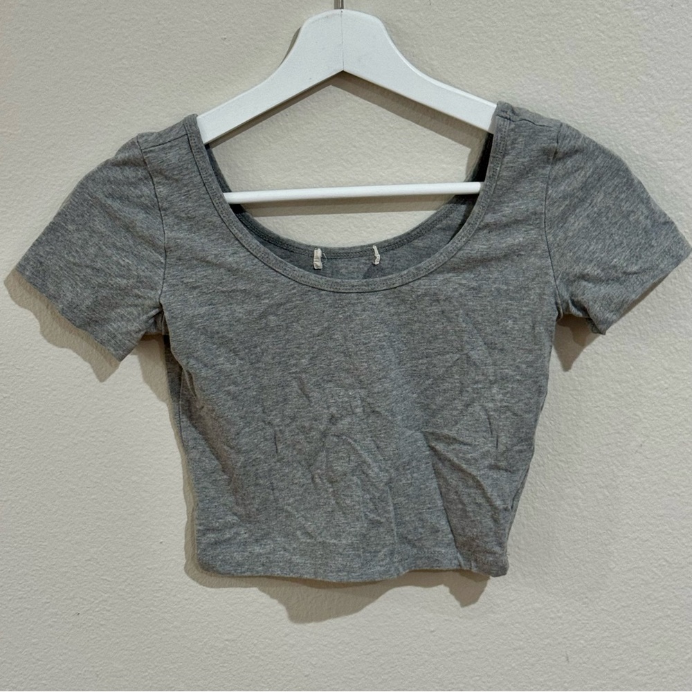 Gray Fitted Crop Top with Crew Neck and Short Sleeves